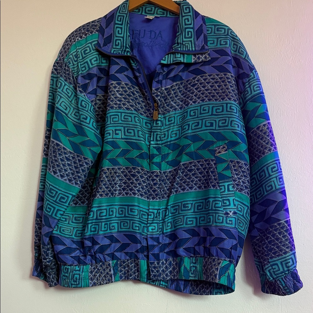 Vibrant Blue And Green Patterned Windbreaker - image 1